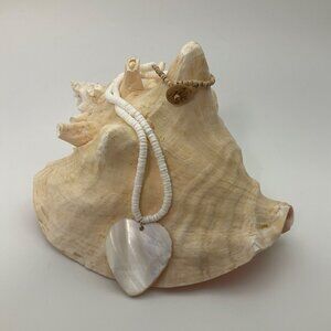 New Artisan Made Shell Beaded Necklace Heart Pendant Mother of Pearl Coastal